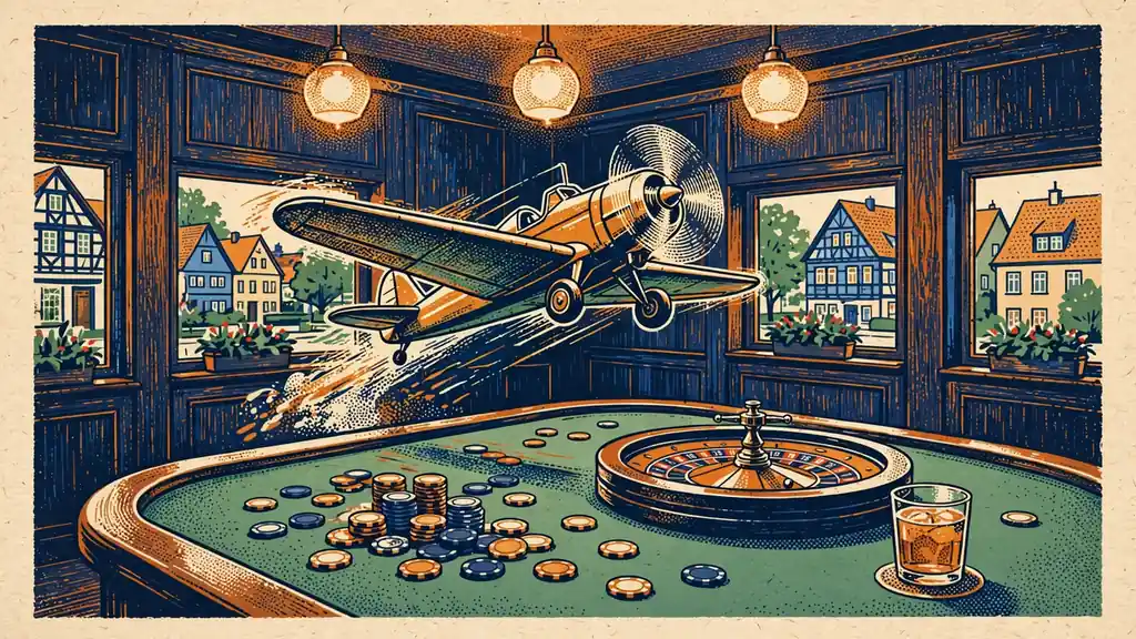 Spielzeugpropellerflugzeug hebt von einem Casinotisch ab