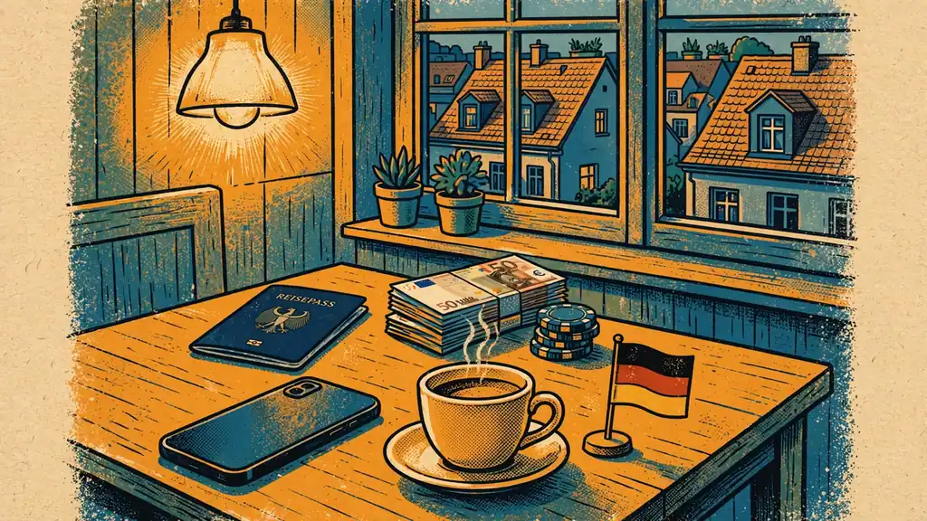 Smartphone mit Echtgeld-Casino-App auf einem Tisch mit Euro-Scheinen und Spielchips in deutscher Wohnung.