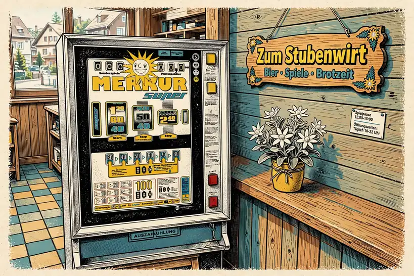 Klassischer Merkur-Spielautomat in einer deutschen Spielhalle mit Tageslicht