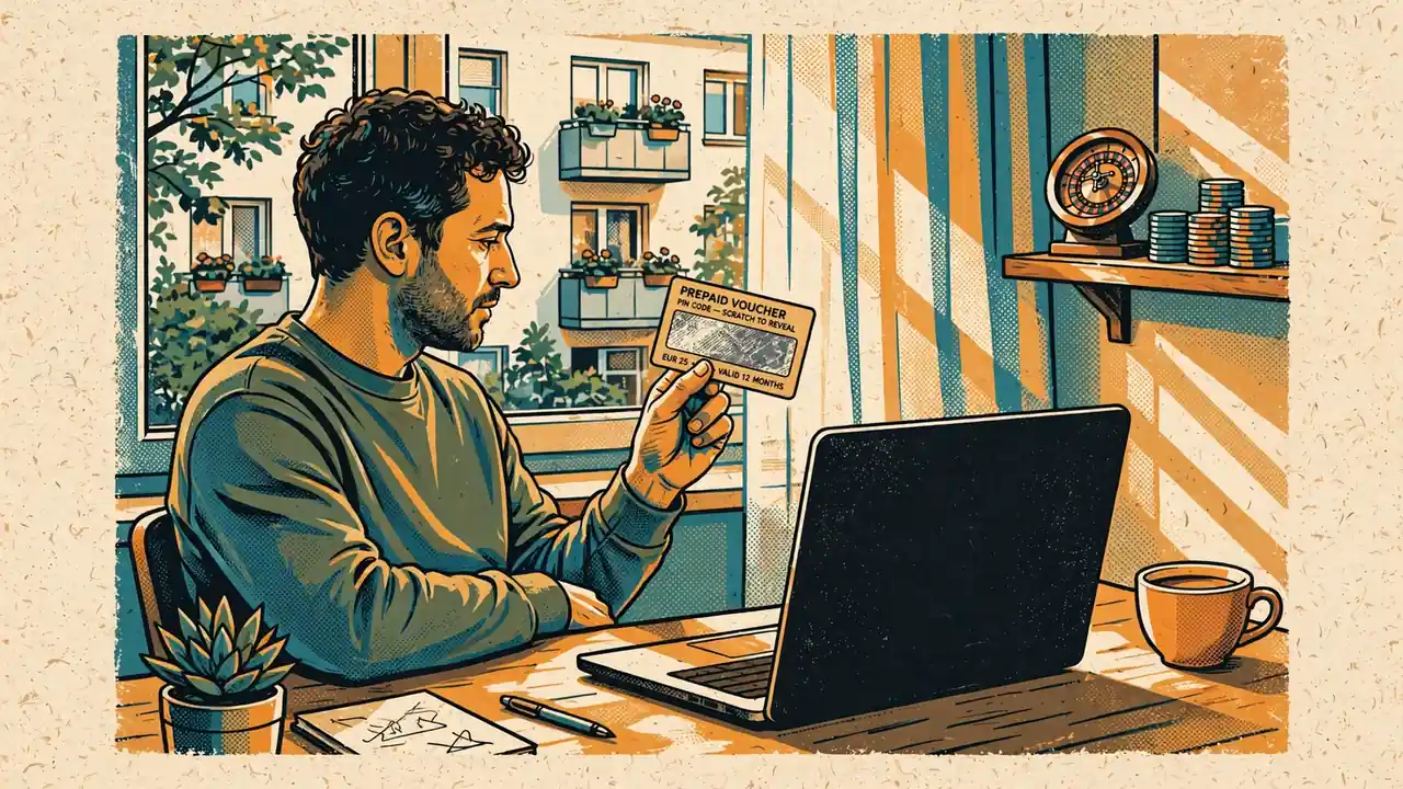 Person am Schreibtisch mit Prepaid-Gutschein und Laptop in heller Wohnung