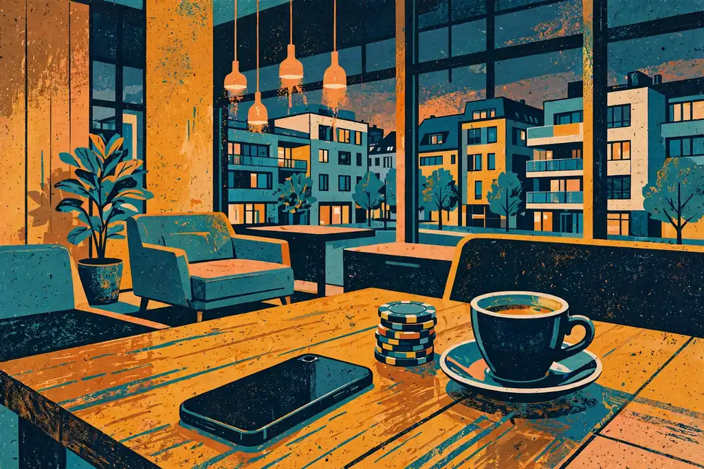Smartphone und Casino-Chips auf einem Tisch in modernem deutschen Lounge