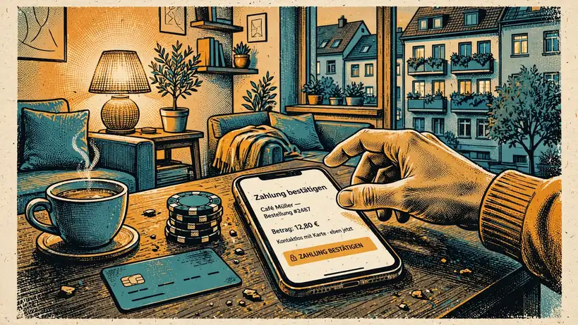 Smartphone mit Casino-Chips und Zahlungskarte auf einem Tisch.