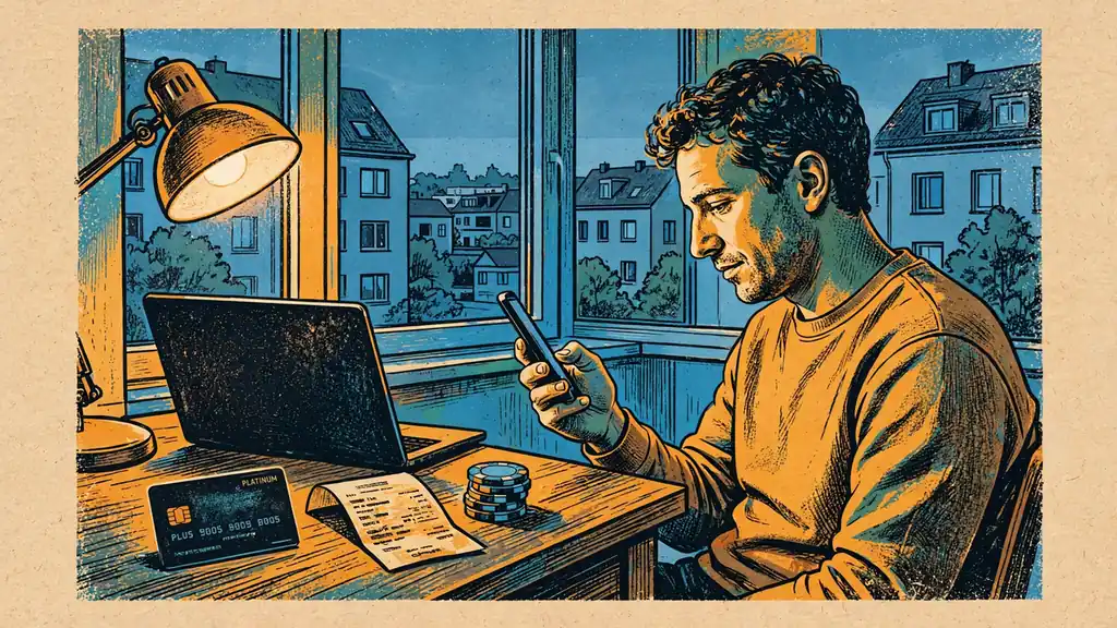 Person am Schreibtisch mit Smartphone, Laptop, Zahlungskarte und Pokerchips bei Dämmerung