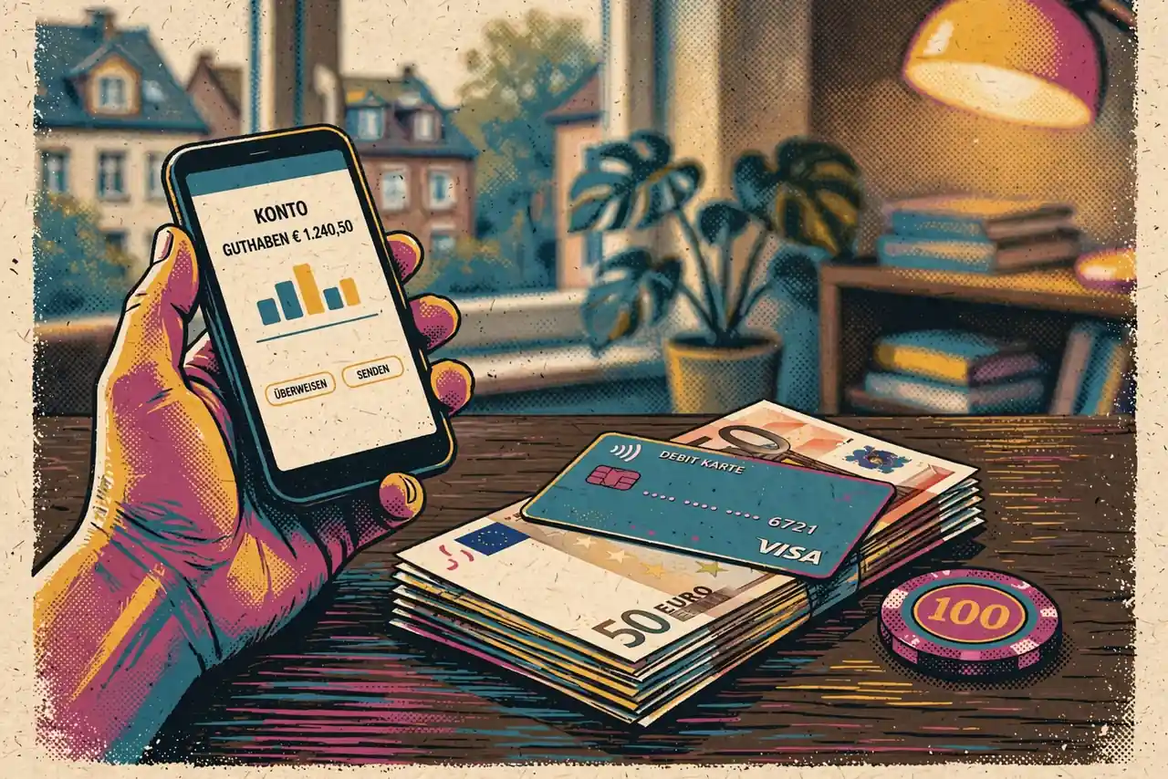 Handy, Euro-Scheine und Spielchip auf einem Schreibtisch, warmer Lampenschein