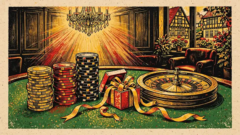 Stapel Casino-Chips neben Roulettekessel und einem kleinen Geschenkkarton auf grünem Filztisch in warmem goldenem Licht.