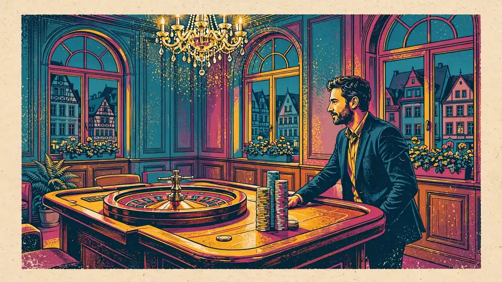 Eleganter deutscher Casino-Saal mit Roulette-Tisch, Chipstapel und warmem Kronleuchter-Licht.