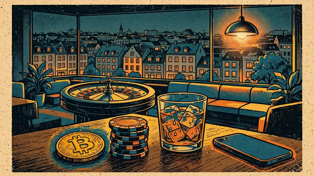 Goldener Bitcoin, Casino-Chips und Getränk auf einem Tisch mit Skyline