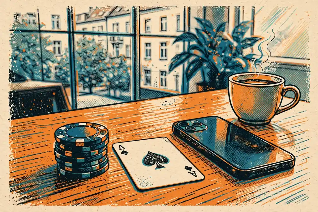Chips, Spielkarte und Smartphone auf einem Holztisch in Berliner Wohnung