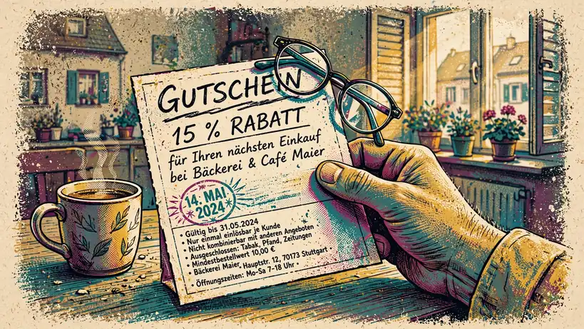 Hands halten einen Gutschein mit Kleingedrucktem am Frühstückstisch