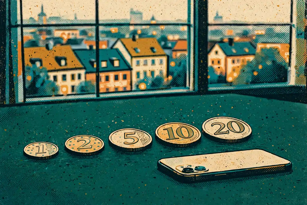 Aufgereihte Euromünzen auf grünem Filz mit Smartphone daneben, warmes Abendlicht