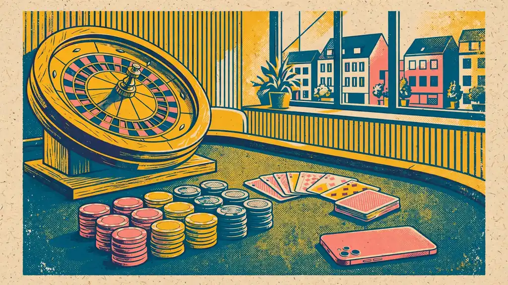 Elegante Casino-Tischszene mit Roulette, Chips und Spielkarten auf grünem Filz bei warmem Licht.