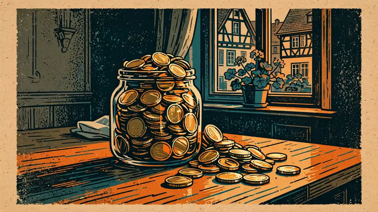 Glas mit Goldmünzen auf einem Holztisch, warm beleuchtet