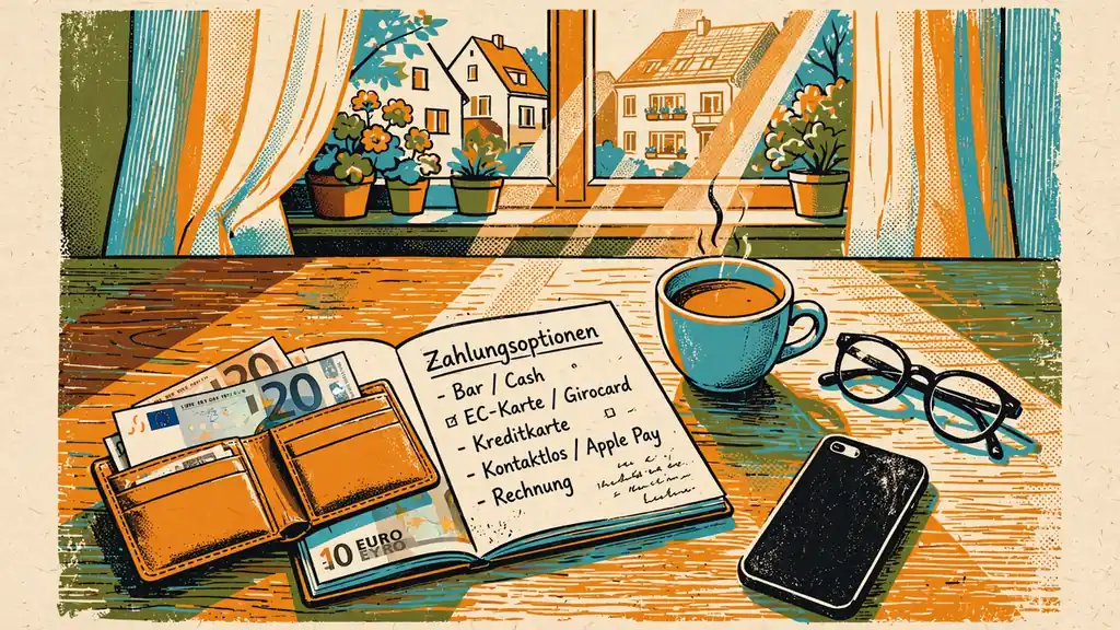 Küchentisch mit Geldbörse, Smartphone und Notizen zu Zahlungsmethoden