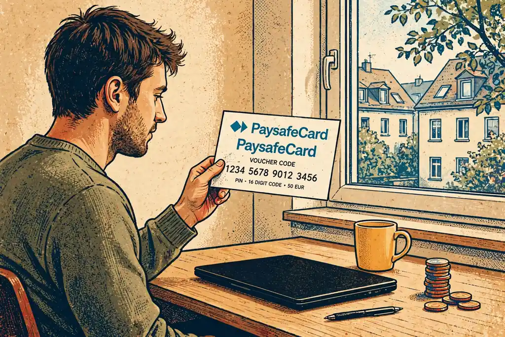 Person mit Paysafecard-Gutschein am Schreibtisch in einer deutschen Wohnung