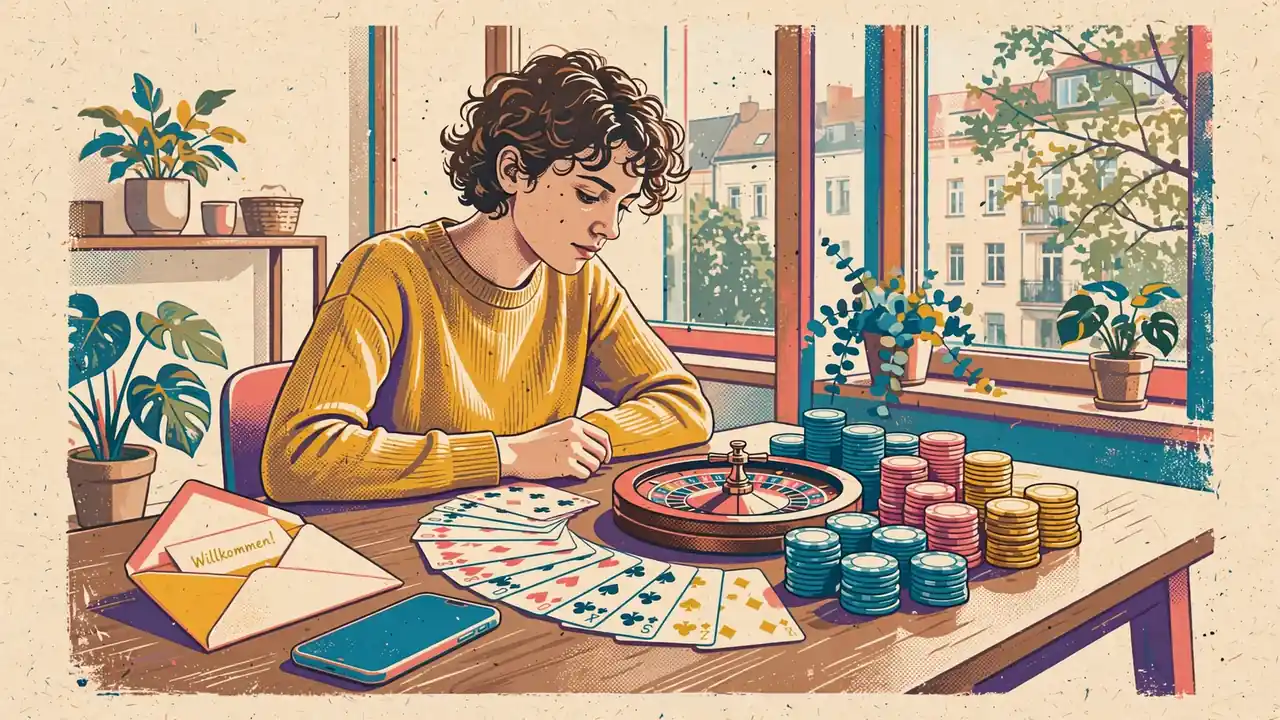 Person am Tisch mit Casino-Chips, Roulette und Willkommensbrief in moderner deutscher Wohnung