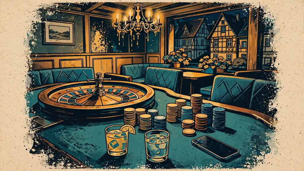 Stilvolle Casino-Lounge mit Roulette, Chips und verdecktem Smartphone auf dem Tisch.