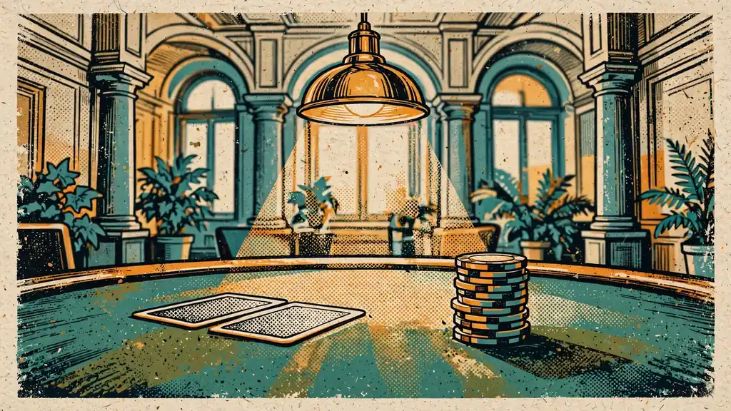 Grüner Pokertisch mit Chipstapel und zwei verdeckten Karten unter warmer Lampenbeleuchtung