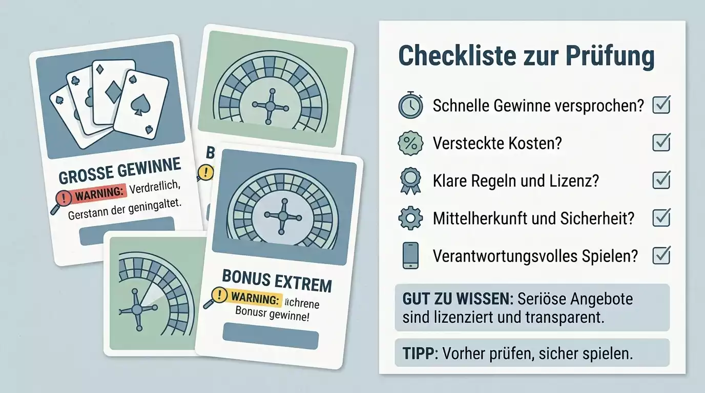 Abstrakte Übersicht mit Werbekarten, Warnmarkierungen und neutraler Prüfliste